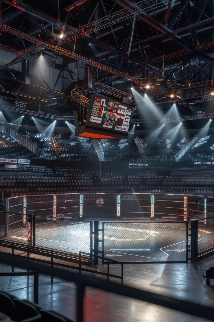 Arena vacía de artes marciales mixtas con jaula octogonal y focos listos para el próximo emocionante partido