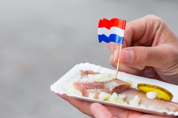 Foto arenque fresco sabroso con cebolla y bandera de holanda en el canal de agua en amsterdam. comida tradicional holandesa