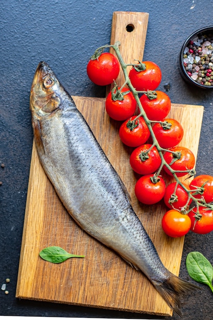 Arenque peixe marisco conjunto de ingredientes para cozinhar e servir
