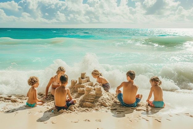 Arents y los niños construyen intrincados castillos de arena enmarcados por las suaves olas en una playa serena