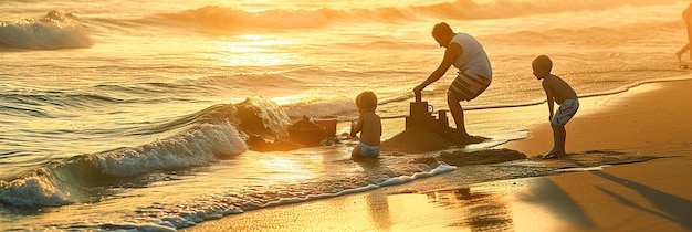 Arents y los niños construyen intrincados castillos de arena enmarcados por las suaves olas en una playa serena