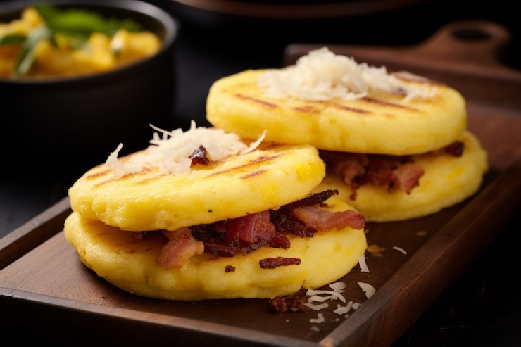 Foto arepa con queso derretido y tocino crujiente delicioso arepa fotografía de imágenes de comida tradicional