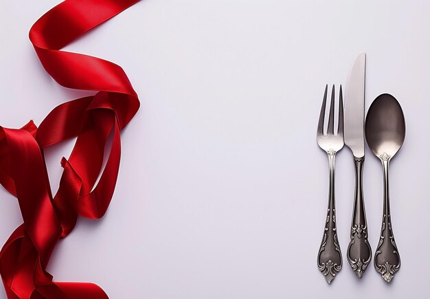 Foto argentería y una cinta roja sobre fondo blanco con espacio de copia restaurante de alimentos y mesa