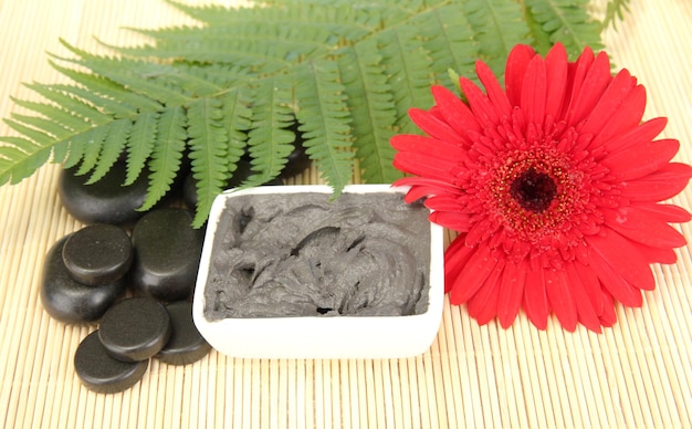 Argila cosmética para tratamentos de spa em closeup de fundo de palha