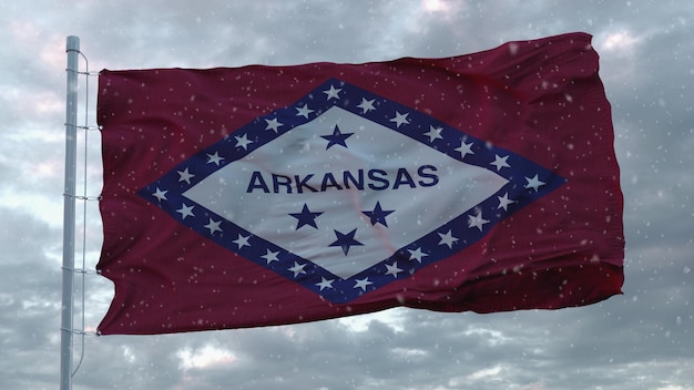 Arkansas Winter Flagge mit Schneeflocken Hintergrund Vereinigte Staaten von Amerika 3D-Rendering