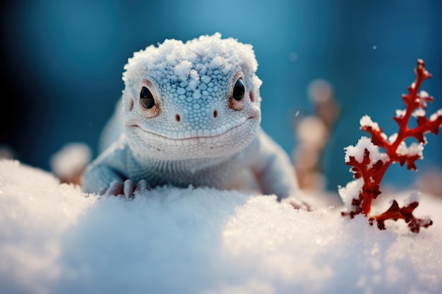 Arktische Eidechse im Schnee in Nahaufnahme