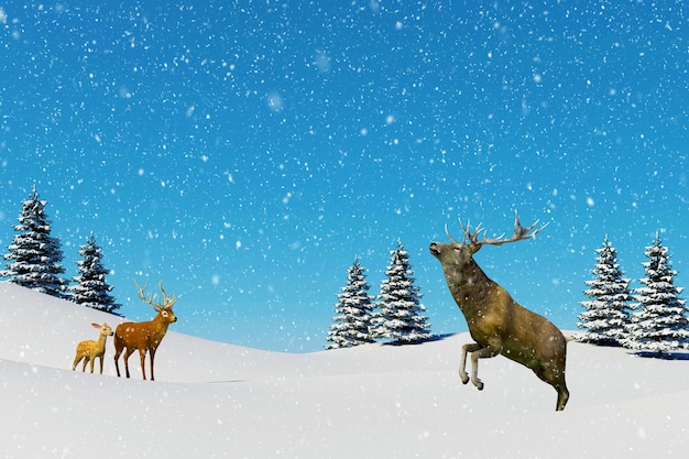 Arktische Landschaftsszene, Schnee, der auf Ren im Schneefeld in der Winterjahreszeit fällt