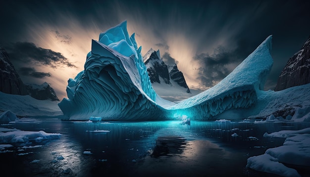 Arktischer Eisberg bei Sonnenuntergang, blaue Stunde, atmosphärische Landschaft, die mit generativer KI erstellt wurde