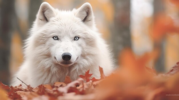 Arktischer Wolf schaut an einem Herbsttag in die Kamera