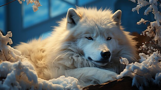 Arktischer Wolf schläft nachts auf einem Hügel im Mondlicht. Weißer Wolf. Generative KI