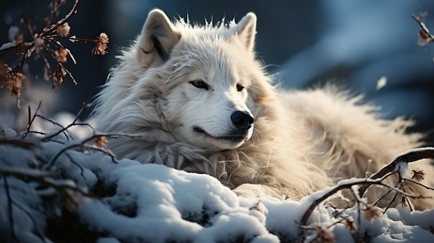 Arktischer Wolf schläft nachts auf einem Hügel im Mondlicht. Weißer Wolf. Generative KI