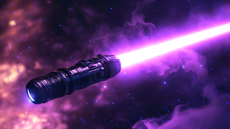Foto un arma futurista de sable de luz púrpura que brilla en el espacio