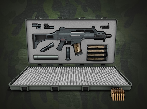 Arma na maleta renderização 3d em um fundo colorido