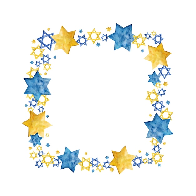 Armação de borda quadrada judaica com estrelas de David em cores de ouro azul e amarelo Ilustração em aquarela