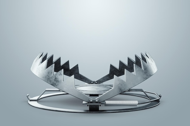 Armadilha de urso isolada na armadilha de metal de fundo branco Caça ao vício hipoteca de crédito de caça furtiva 3D render ilustração 3D