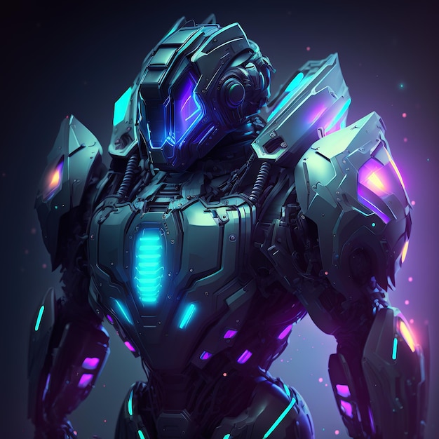 Armadura de exoesqueleto robótico Scifi com operador humano dentro do robô com ilustração 3d de brilho neon