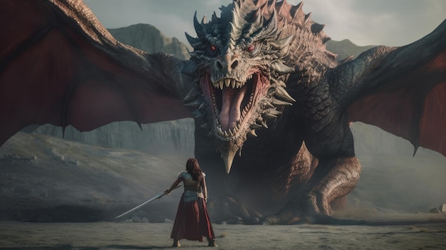 La armadura y el manto de la mujer sostienen con confianza su espada y su escudo listos para enfrentarse a un enorme dragón dragón en el fondo, sus dientes afilados y sus poderosas alas listas para la batalla generada por IA