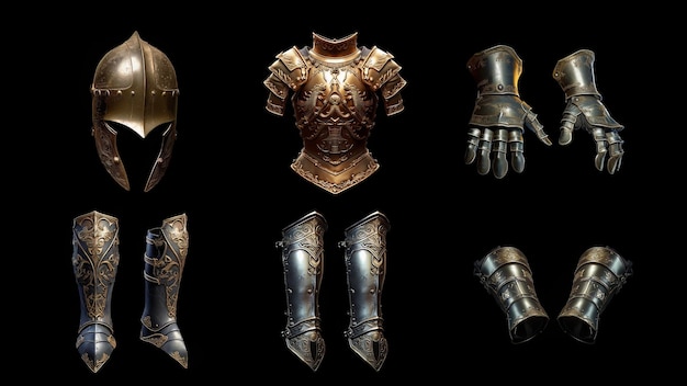 Foto armadura de protección de caballeros, incluidos guantes de cuirass cascos sabatones armadura de cadera y corchetes superiores