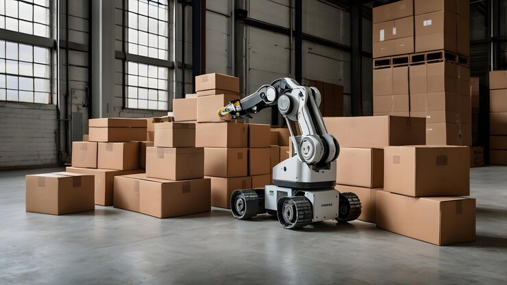 Armamentos robóticos avanzados que trabajan en un almacén moderno manejando y clasificando paquetes de manera eficiente para el envío que muestran tecnología de automatización