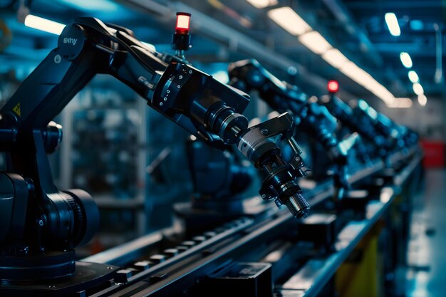 Armamentos robóticos en la línea de fábrica para el proceso de fabricación de automatización industrial impulsado por la IA Concepto Tecnología de fábrica de automatización robótica Robótica industrial Fabricación impulsada por la IA