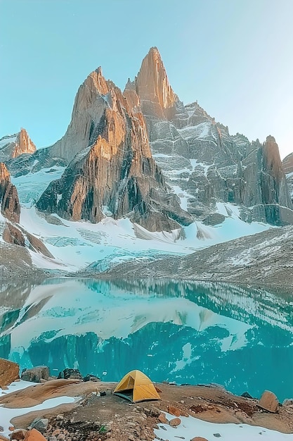 Foto armar una tienda en un desierto remoto rodeado de altos picos y lagos alpinos.