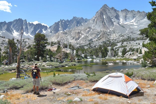 Foto armar uma tenda num deserto remoto cercado por altos picos e lagos alpinos.