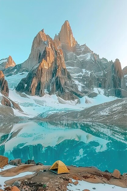 Foto armar uma tenda num deserto remoto cercado por altos picos e lagos alpinos.