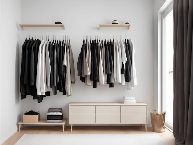 Un armario abierto con estantes y cajones y una alfombra blanca.