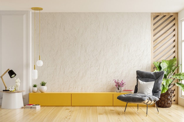 Armário amarelo para TV na parede de gesso branco na sala de estar com poltrona, design minimalista. Renderização 3D