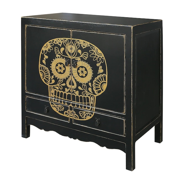 Armario de arte de calavera de oro negro con dos puertas y dos cajones aislado sobre fondo blanco.