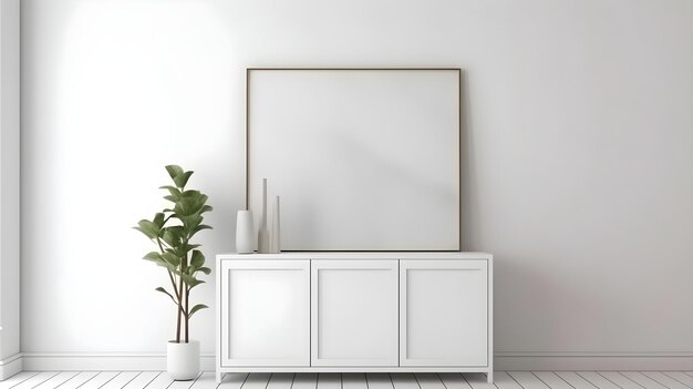 Un armario blanco con un marco y una planta en la esquina.