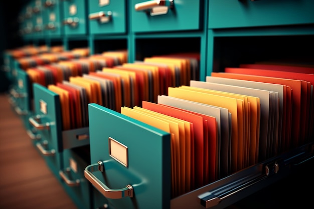 Foto armário de arquivamento contendo documentos cada arquivo distinguido por pastas coloridas