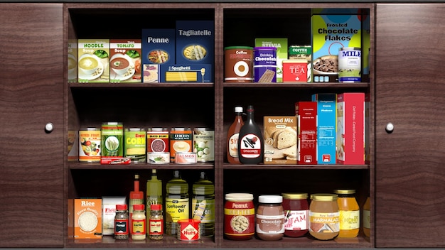 Armário de cozinha de madeira cheio de produtos alimentares