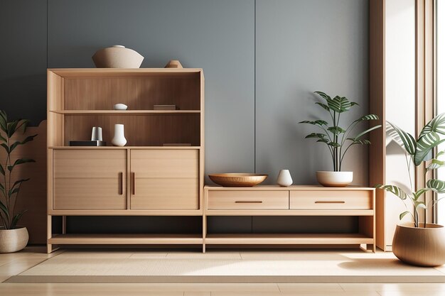 Armário de madeira com design japonês mínimo no quarto moderno design zen renderização em 3d