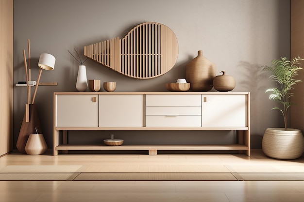 Armário de madeira com design japonês mínimo no quarto moderno design zen renderização em 3d