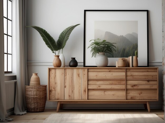 Armário de madeira e cartaz vazio na parede branca Design interior Boho de sala de estar moderna