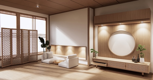 Armário de madeira em uma sala vazia moderna e parede branca em estilo japonês de sala de piso branco