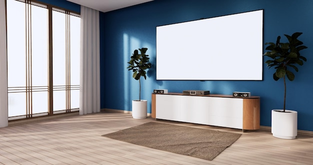 Armário de prateleira minimalista moderno quarto azul japonês 3d renderingxA