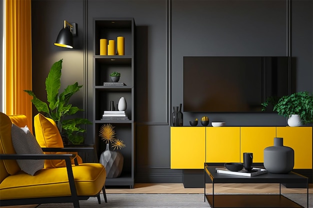 Armário de TV com design interior minimalista moderno amarelo e preto Renderização 3D interior minimalista