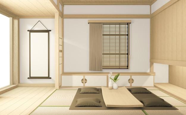 Armário de tv e poltrona estilo japonês no design minimalista da sala ryokan. renderização em 3d