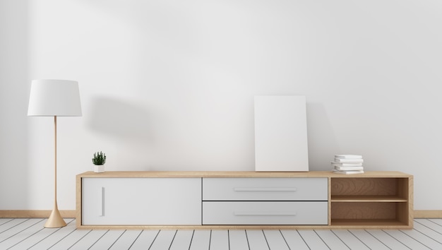 Armário de TV em um quarto vazio moderno Japonês - estilo zen, designs mínimos. Renderização 3D