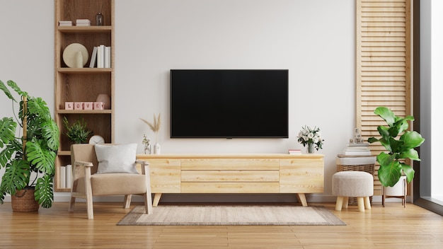 Armário de TV na parede branca da sala de estar com poltrona, design minimalista, renderização em 3D