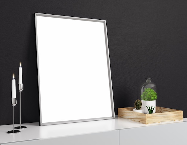 Armario decorativo con cartel en blanco.