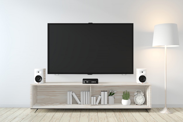 Armário e tv inteligente na parede com decoração estilo zen japonês style.3D rendering