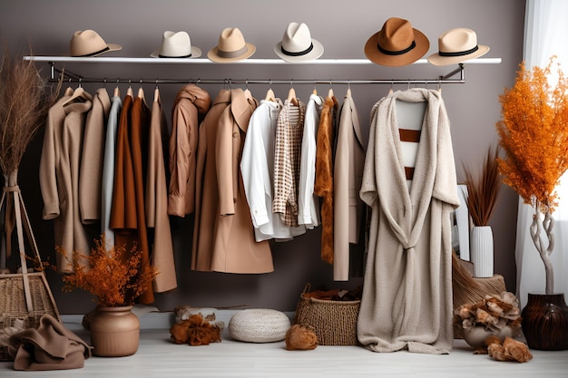 Un armario estacional con abrigos y sombreros en tonos naturales terrosos adecuados para el invierno o el otoño