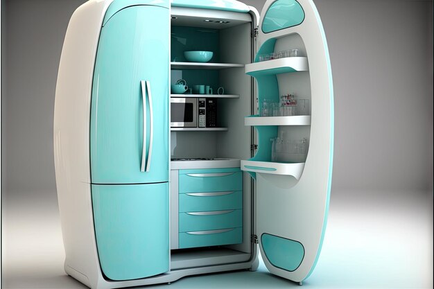 Armario futurista azul y blanco liso en el futuro interior de la cocina creado con ai generativo