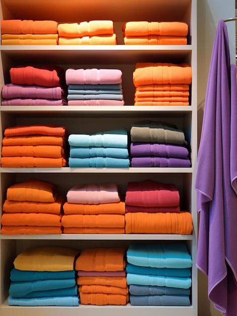 un armario lleno de toallas dobladas con una morada que dice "el color".