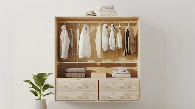 Foto un armario de madera con una camisa blanca y algunos otros artículos