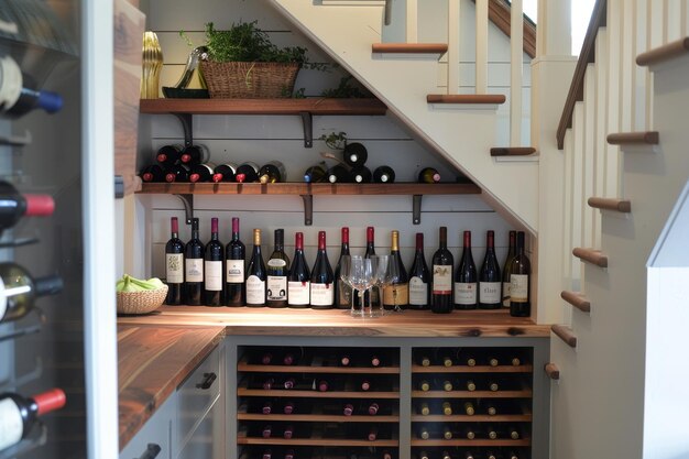 Foto un armario de madera con estantes para almacenar botellas de vino se encuentra en la cocina de la casa