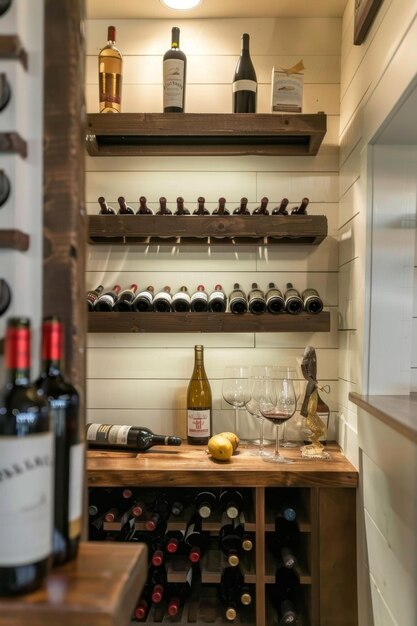 Un armario de madera con estantes para almacenar botellas de vino se encuentra en la cocina de la casa